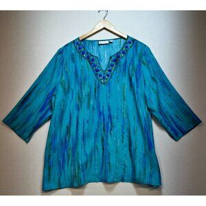 Belle By Kim Gravel Women's Beaded Gemstone Split Neck Top Sz XL Blue 3/4 Sleeve